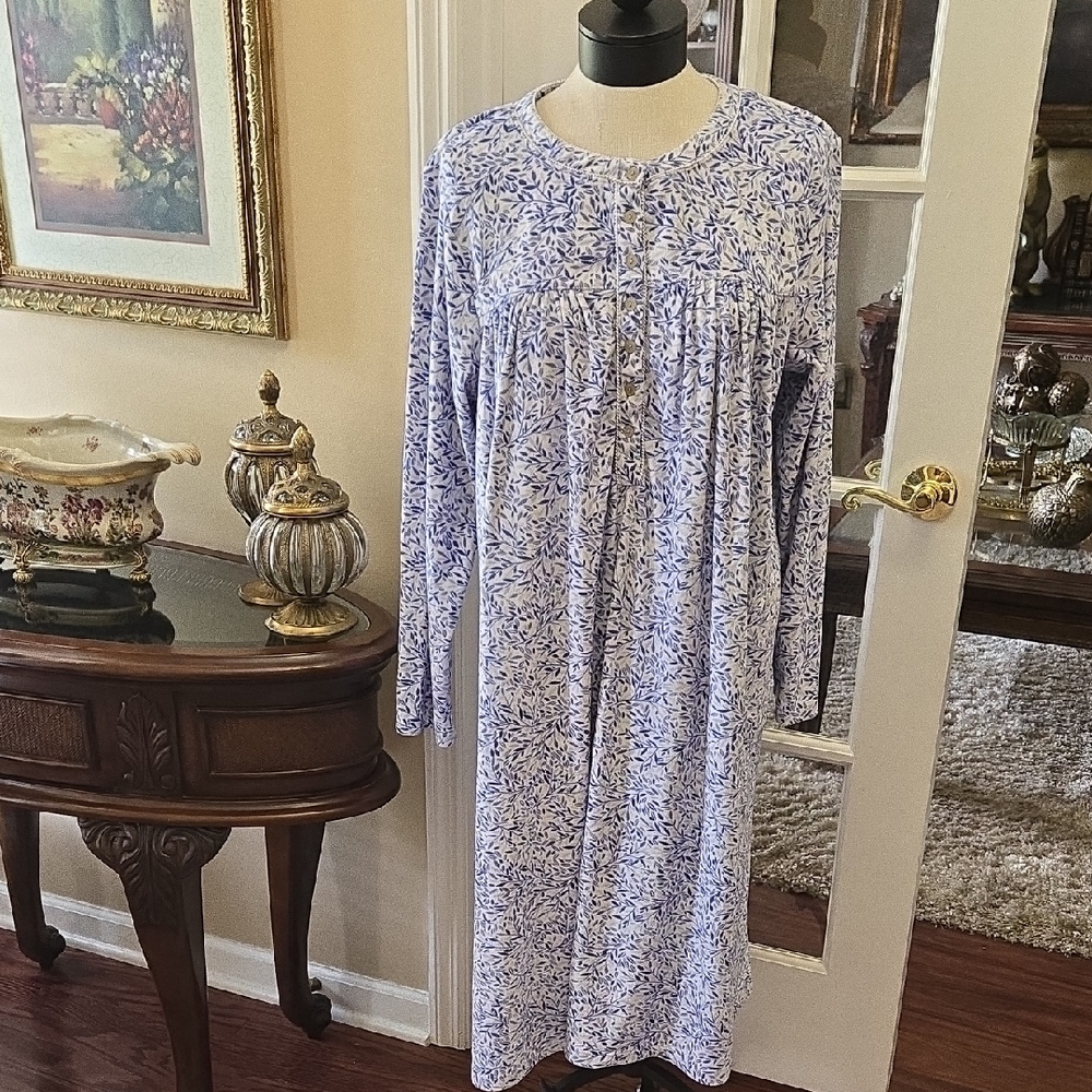 Aria Collection Blue White Floral Mid Calf Nightgown Soft Fleece Long Sleeve XXL